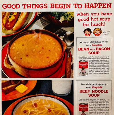 1960 Campbell's Soup Advertisement Beef Noodle Bean And Bacon Vintage DWXX2