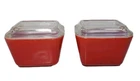 2 Vintage Pyrex Red Refrigerator Dishes 501-B  And 501-C Clear Ribbed Lids