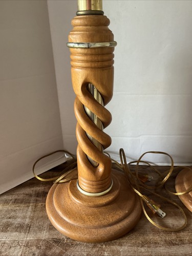 Vintage Mid Century Wooden Oak Spiral Table Lamp Wood Brass PAIR MCM Lamps - Picture 2 of 13