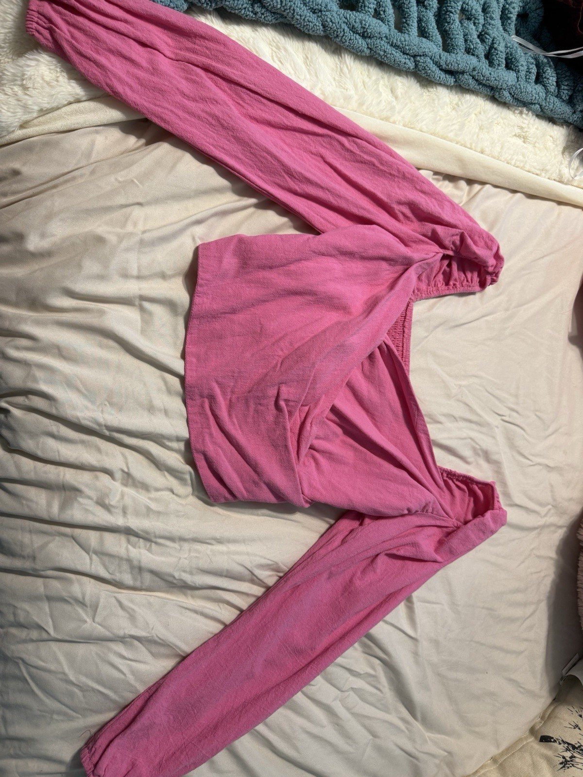 SheIn Pink Off-the-Shoulder Cropped Puff Long Sleeve Blouse Women's Size L