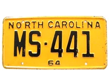 1964 NORTH CAROLINA NC LICENSE PLATE TAG, LOW NUMBER,  ORIGINAL, VINTAGE, NICE