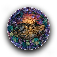 Manx Cat Violet Flowers Spring Stained Glass Style Opaque Vinyl Sticker Decal