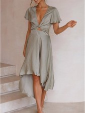 Cute Plunge Flutter Sleeve Sateen Midi Dress Sz Large In Sage