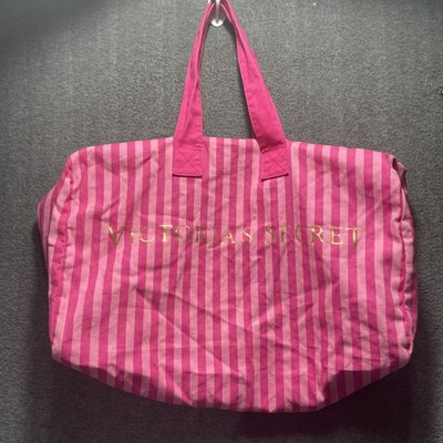 Victoria's Secret Icon Pink Stripe Weekender Large Duffel Bag Gold Foil Logo