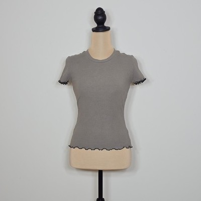 Who What Wear Ribbed Lettuce Edge Top Sage Green Short Sleeve WFAL21T9 Small
