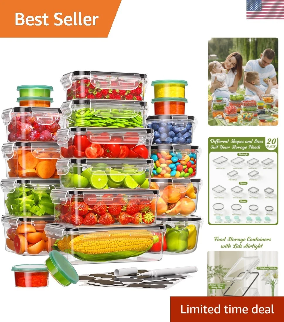 40 Piece Food Storage Containers with Lids20 Containers & 20 Lids, BPA-Free P...