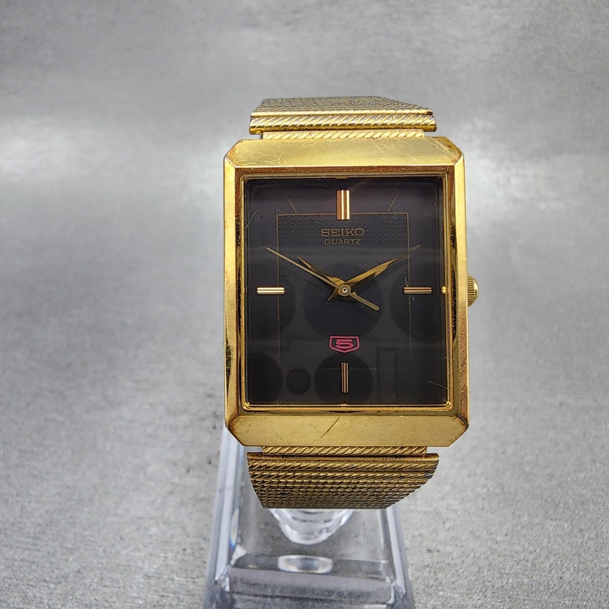 Seiko 5 Tank Watch Men 25mm Black Dial Gold Tone Rectangle 5Y01 