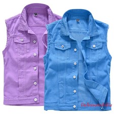 Men Denim Jeans Waistcoat Gilet Vest Tops Ripped Sleeveless Jacket Punk Casual