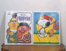 2 Vtg Playskool Wood Puzzles  Burt & Ernie, We're Friends  & Snoopy Come Home