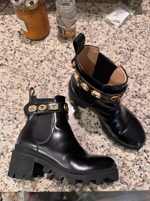 gucci boots black leather size 37 jewel accent embellished ankle boots   