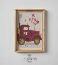 Red Fire Truck Printable, Autumn Nursery Wall Art, Child Room Decor