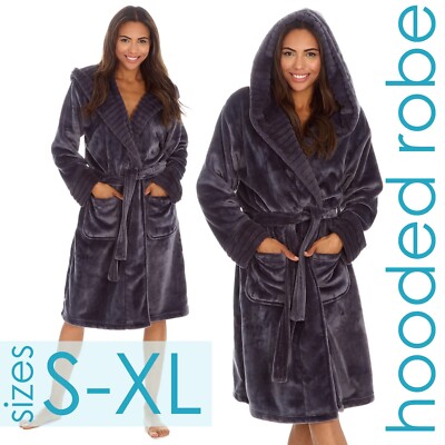 ladies grey hooded dressing gown Soft Faux Fur Trim Dressing Gown in Grey main image 1