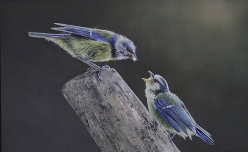Tableau huile encadré de deux seins bleus outlet - L'un nourrissant l'autre - Inspiré de la nature