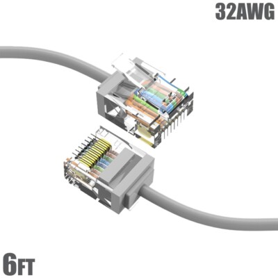 6FT Cat6A RJ45 Network LAN Ethernet UTP Patch Cable Super Slim Cord 32AWG Gray