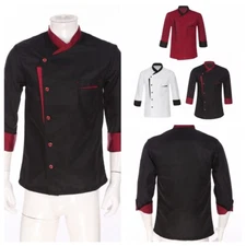 Unisex Long Sleeve Button Jacket Kitchen Restaurant Contrast Color Chef Coat