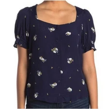 Elodie Women's Size Medium Navy Blue Floral Puff Sleeve Button Up Blouse Top NWT
