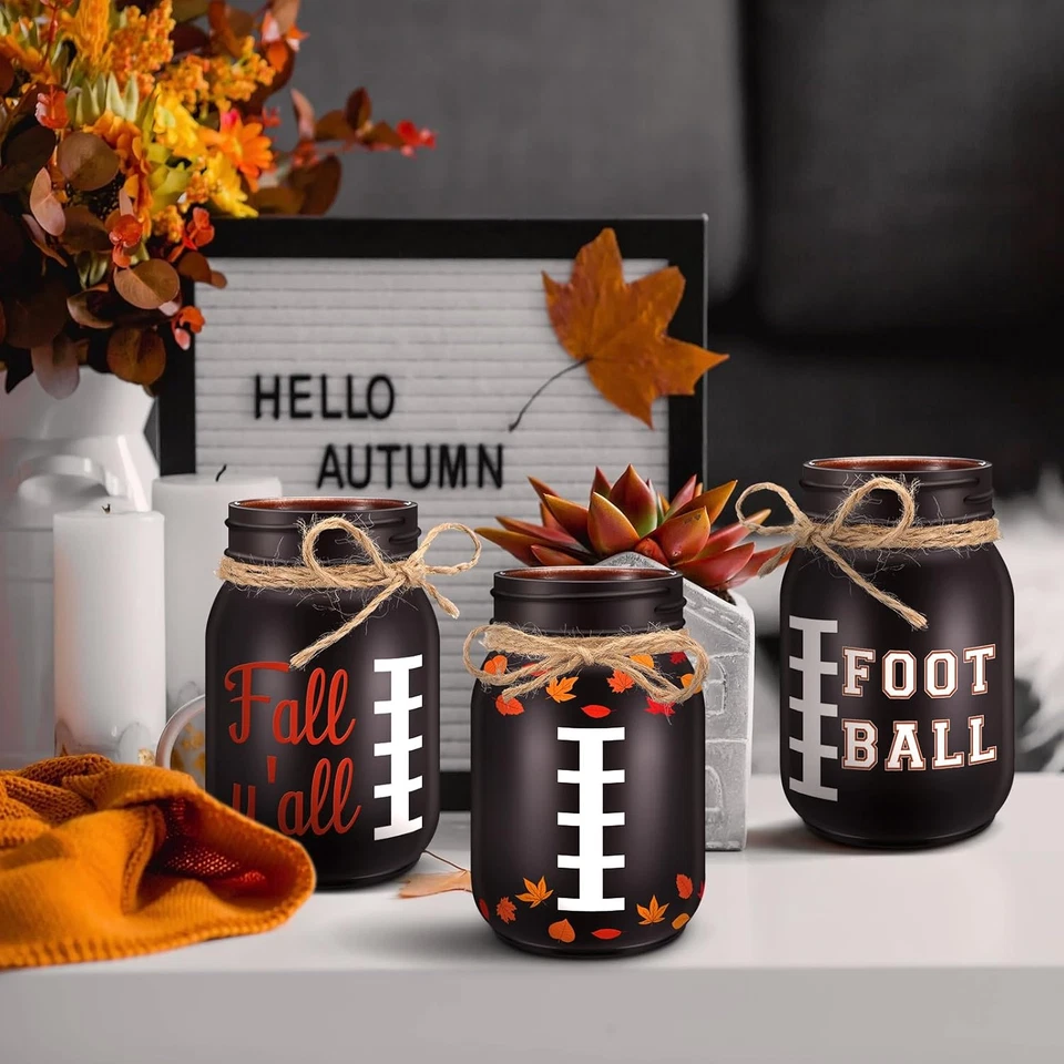 3 Piezas Frascos de Albañil de Fútbol Otoño Y'All Mesa Centros de Mesa Rugby Mesa de Día Dec Foto 3 de 4