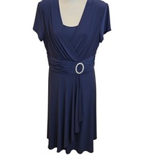 R&M Richards Formal Short Sleeve Blue Cocktail Dress Rhinestone Brooch Size 16