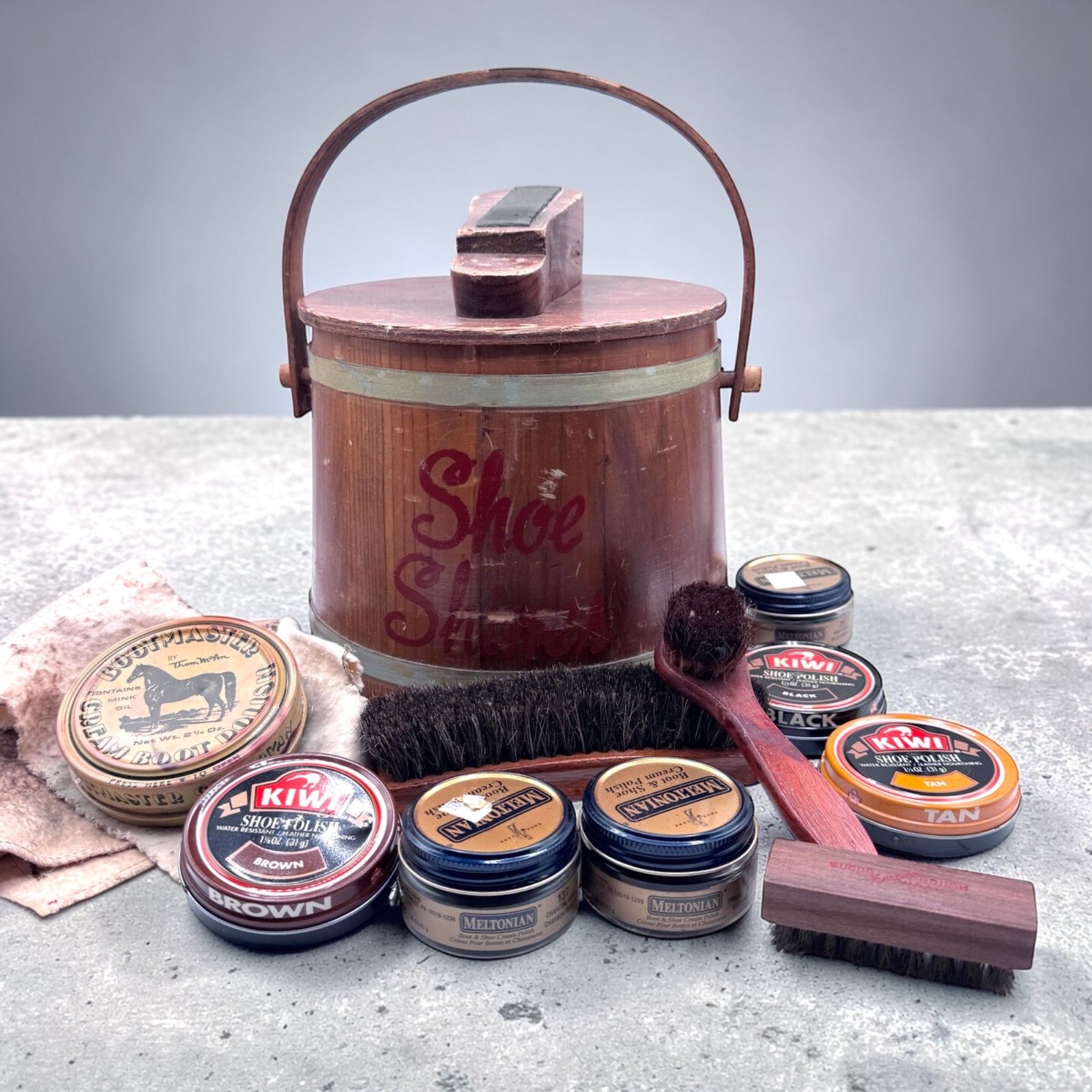 Vintage Shoe Shine Kit Wood Box Brushes Kiwi Meltonian Polish Lot Firkin Barrel