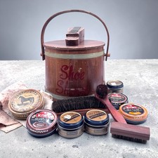 Vintage Shoe Shine Kit Wood Box Brushes Kiwi Meltonian Polish Lot Firkin Barrel