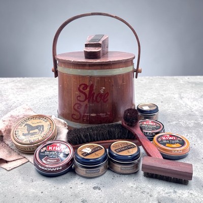 Vintage Shoe Shine Kit Wood Box Brushes Kiwi Meltonian Polish Lot Firkin Barrel