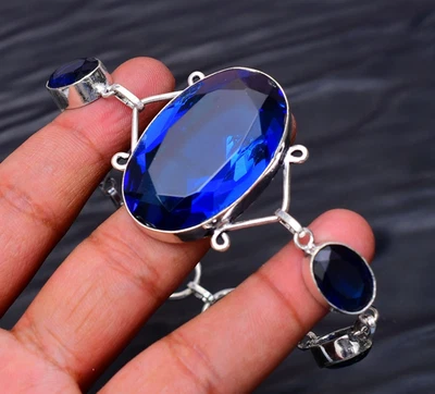 Blauer Saphir (Laborgefertigt) Edelstein: 925 Sterling Silber Handarbeit Schmuck Armband - Bild 1 von 4