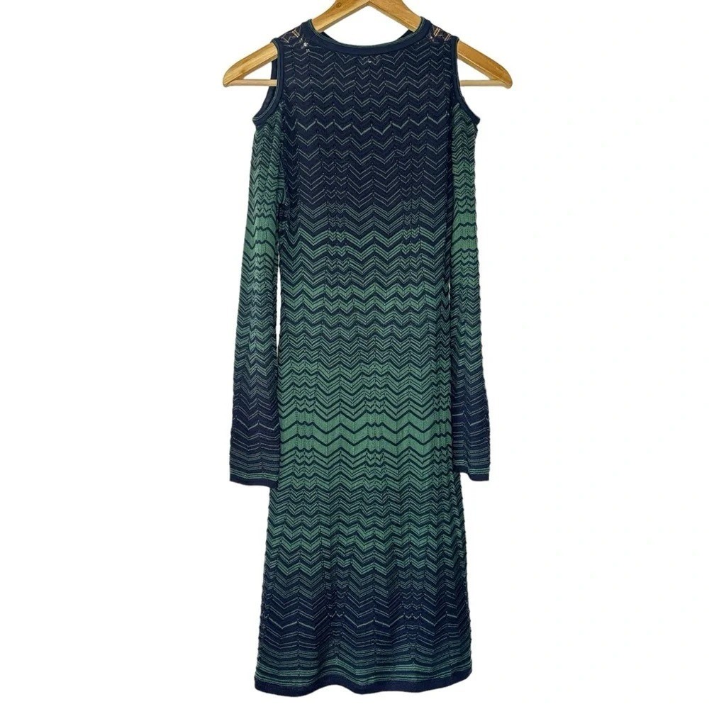 missoni green knit dress Missoni Fit & Flare Green Blue Chevron Print Open Shoulder Knit Dress Sz 2