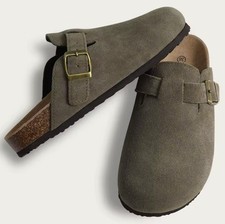 NEW Women s Green Suede Slip-On Clog Mule Sandals Buckle Cork Footbed US 7