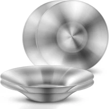 A Set of 4 Stainless Steel Dinner Plates, Salad Bowls, Spaghetti Serving Platter