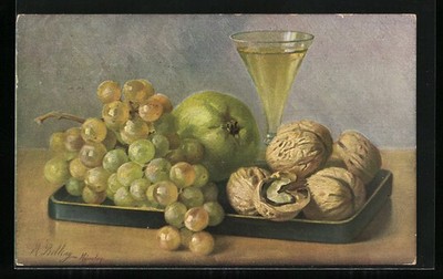 Künstler-AK M. Billing: Stilleben mit Wallnüssen und Weintrauben 1917 