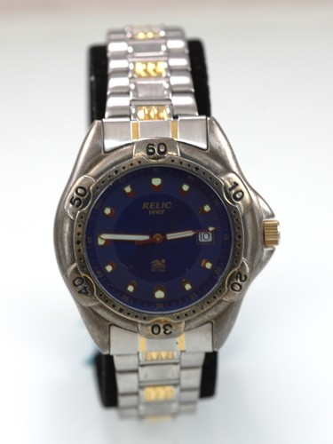 Relic Wet Montre Hommes Argent Or Acier Inoxydable 50m Batterie Bleu Date Quartz - Photo 1 sur 6