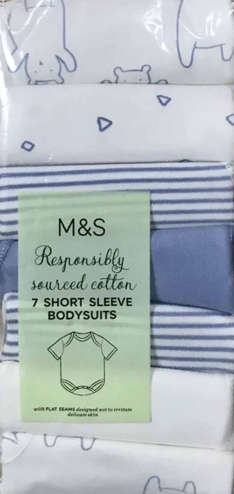 M&S Baby Boy Blue & White Bear 7 Piece Short Sleeved Bodysuit Set BNWT