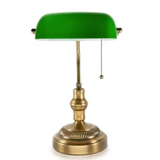 Traditional Bankers Lamp, Brass Base, Handmade Emerald Green Glass Shade,Vint...