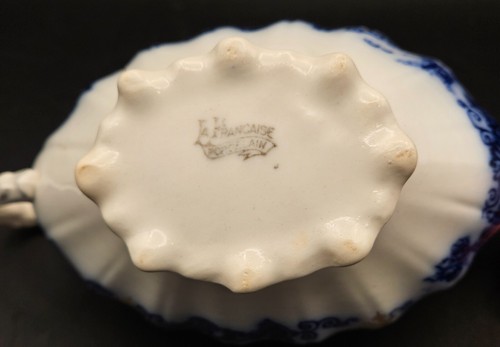 Barco de salsa de porcelana azul flujo vintage La Francaise borde dorado - Imagen 16 de 22