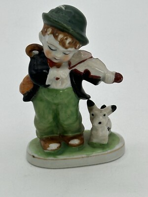 Vintage Occupied Japan Porcelain Figurine of Boy, Violin, and Puppy