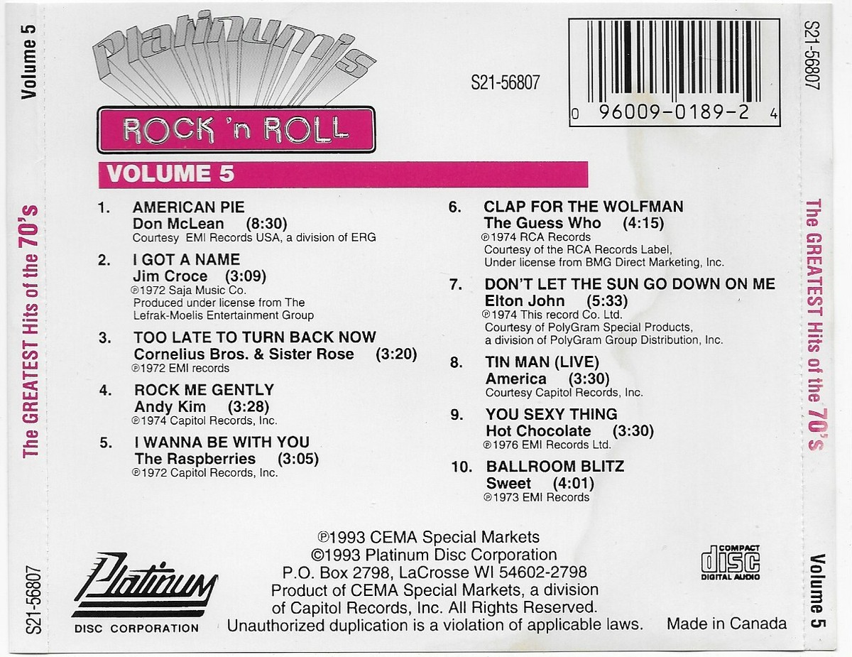 The Greatest Hits Of The 70's Volume 5 CD 1993 Platinum Disc