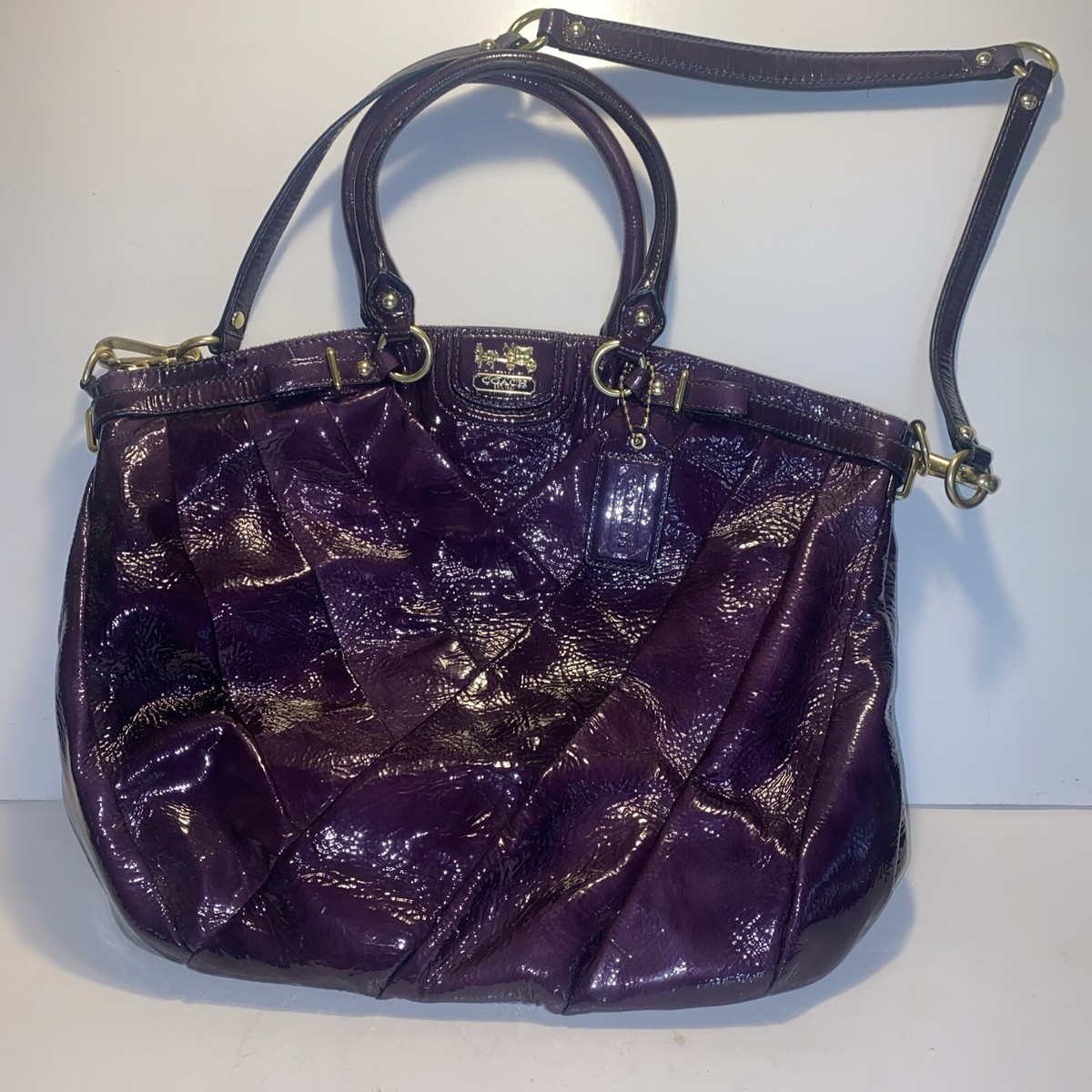 Coach Madison Lindsey Purple Diagonal Pleated Patent Leather