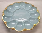 Vintage Anchor Hocking Turquoise Blue Deviled Egg Plate Gold trim 9 3/4"