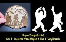Bigfoot Sasquatch Set One 3” Engraved Wood Magnet & Two 5" White Vinyl Decals