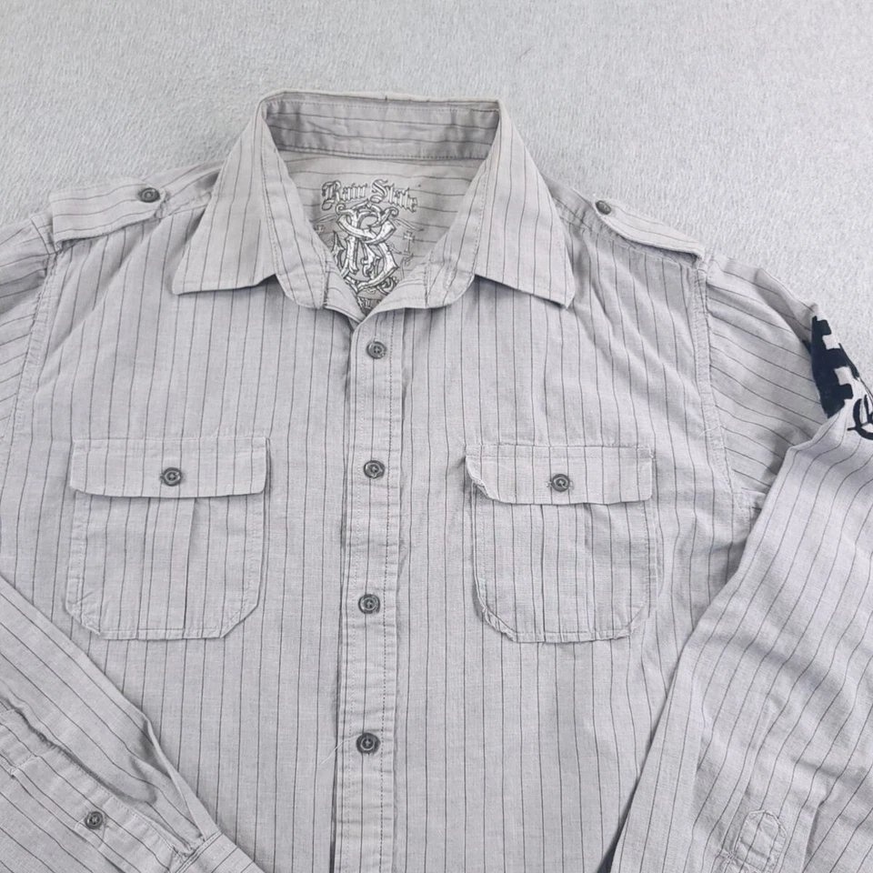 Raw State Shirt Mens Large Gray Striped Cross Fleur de Lis Flock Epaulets Button - Image 2 of 4