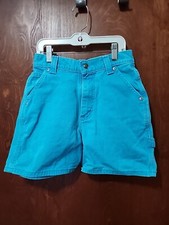 VINTAGE Lee Shorts Girls 14 teal Denim Carpenter Riveted Dungarees 410