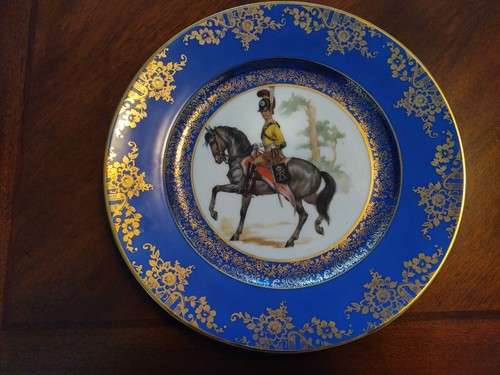 2 Antique Bayreuth Bavaria 10" Plates Cobalt & Gold Gilt Soldier on Horseback - Picture 2 of 4