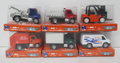 Lot of 6 NewRay Power Up Pull-Back Forklift Van Sanitation Box Tow Truck Flatbed