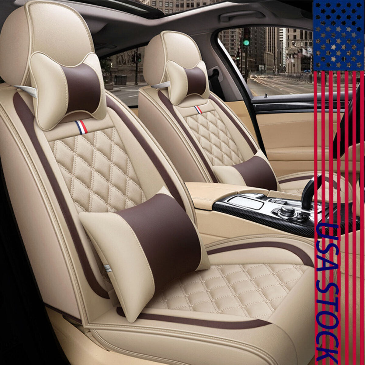 Car Seat Cover 5Seat Leather Cushion Chair Seats Protector Mat 4Season Beige USA-image