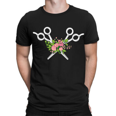 Schere mit Blumen Friseur Friseur lustig Vintage Herren T-Shirts Top #TA-89