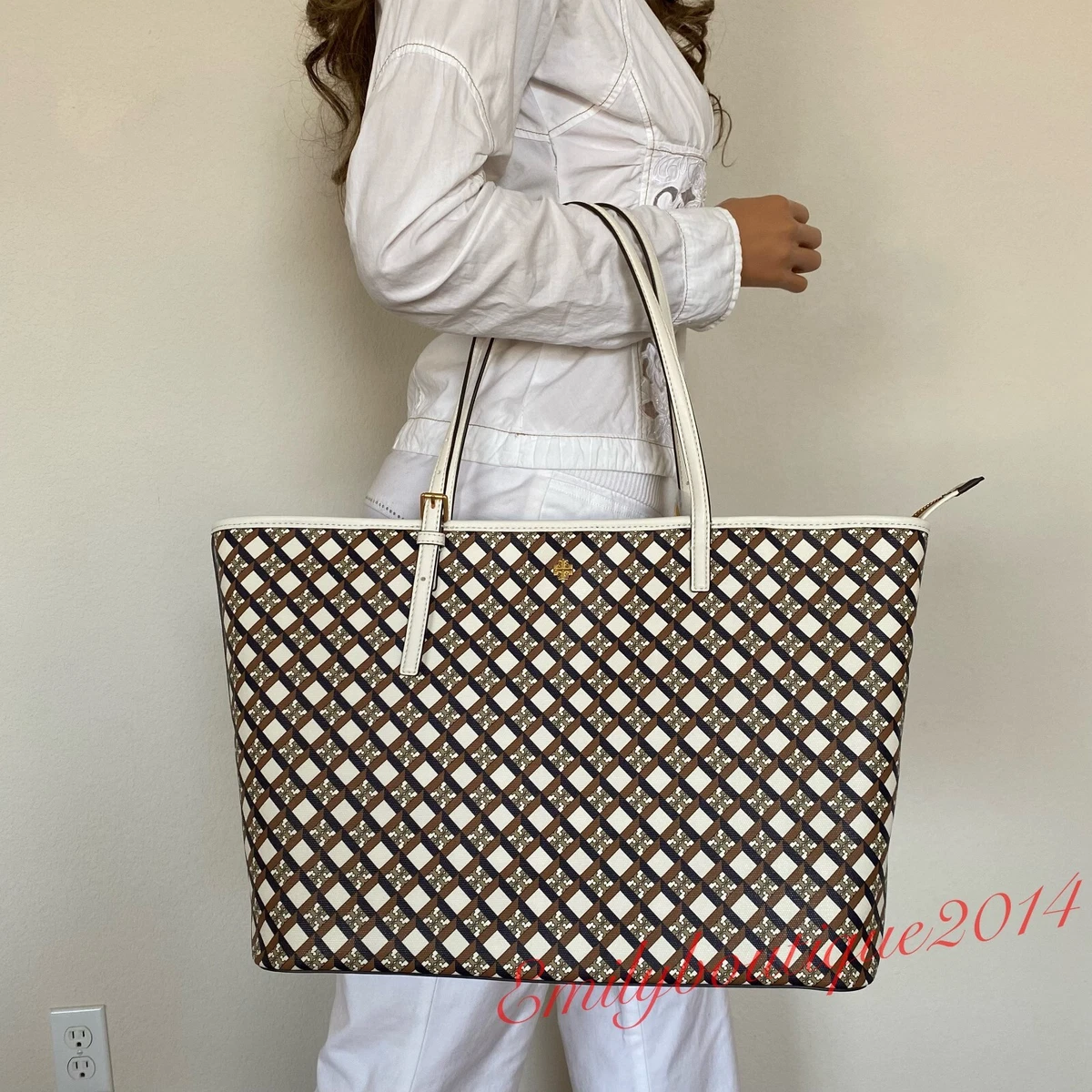 Tory Burch Geo Logo TopZip Tote (Ivory NeutraL)