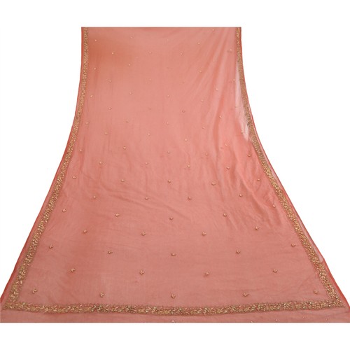 Sanskriti Vintage Brick Red Long Dupatta Stole Net Mesh Hand Beaded Scarves - Picture 6 of 9