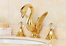 Golden Swan Basin Mixer Faucet Tap 3 Holes Dual Cystal Handles Bathroom Sink Tap