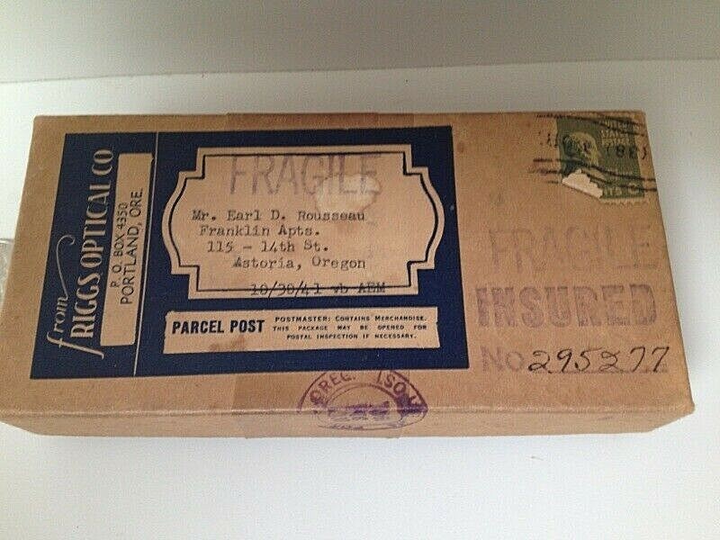 Antique Vintage 1941 Riggs Optical Co. Eyeware Glasses Portland Shipping Box