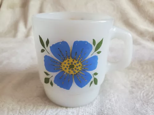 Vtg Fire King Anchor Hocking Coffee Mug Blue Orange Flower Stacking 3 1/2" Tall